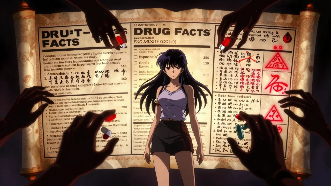 A woman facing a glowing Drug Facts label with glowing warnings and shadowy hands holding conflicting pills.
