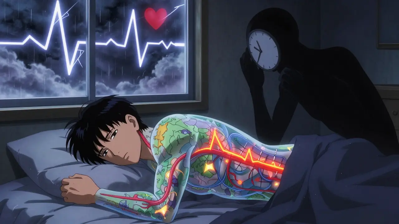 A young adult with translucent skin revealing glowing arterial inflammation and a rising blood pressure graph, while a clock-faced shadow whispers nearby.