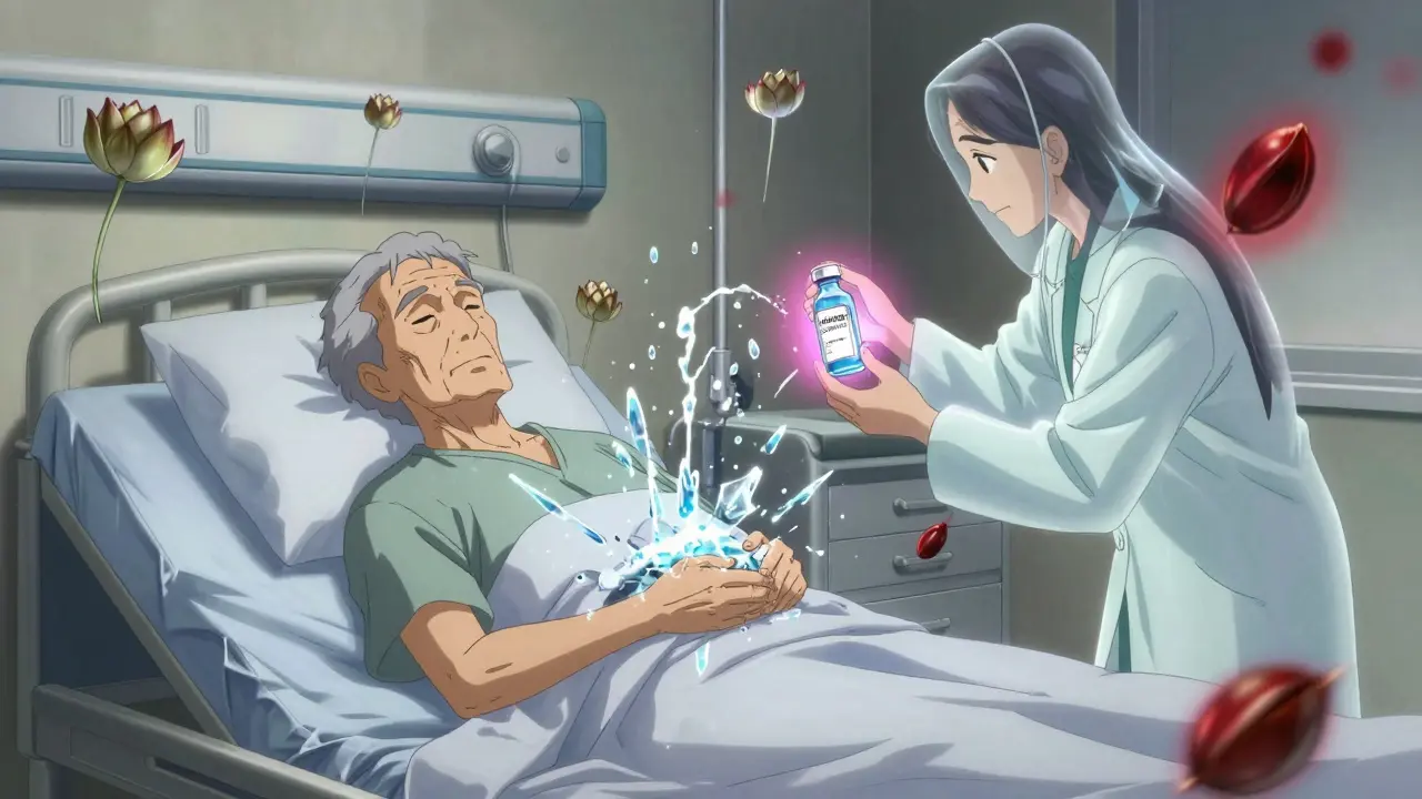 An elderly patient in a hospital room with floating C. diff spores, hand washing with soap that destroys them, and a glowing treatment vial.