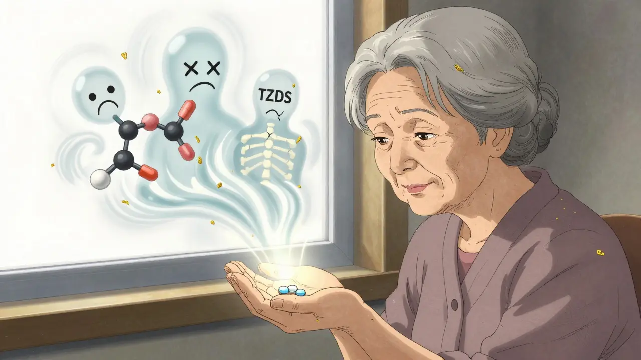 An elderly woman holding a DPP-4 pill as fading medications dissolve into mist around her.