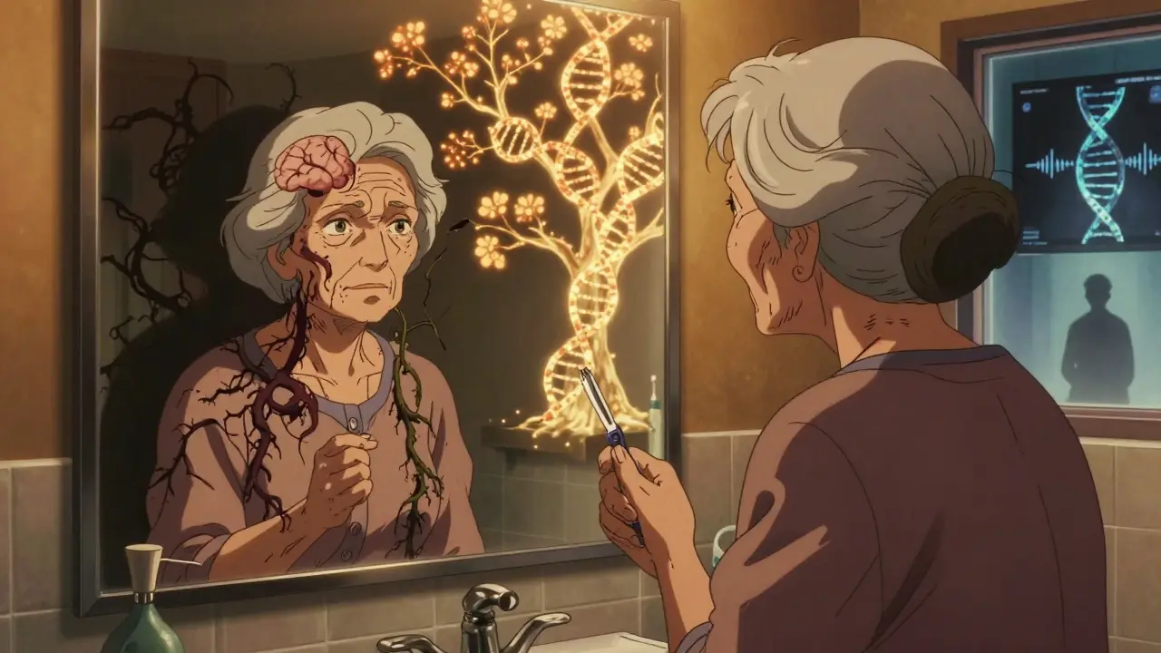 An elderly woman’s dual reflection: one shaking, one steady, with glowing genetic tree behind.