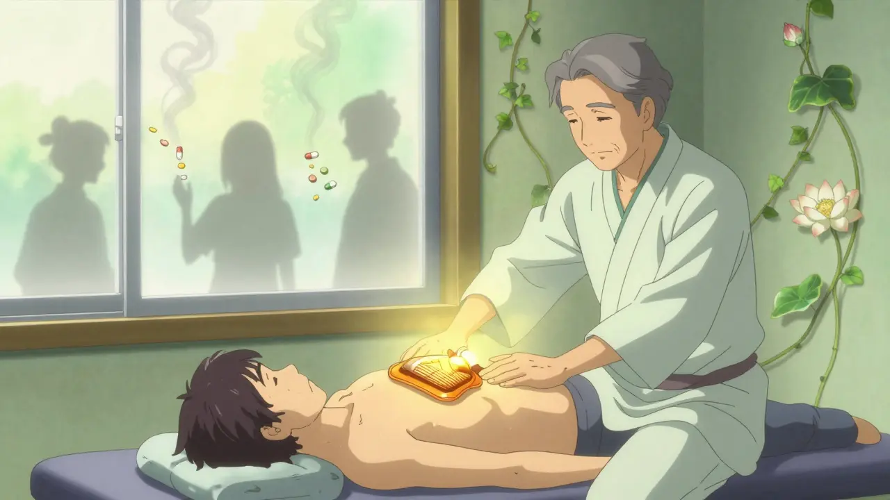 An older adult stretches in peaceful therapy, heat pack glowing, while NSAID pills fade into smoke and lotus flowers bloom.