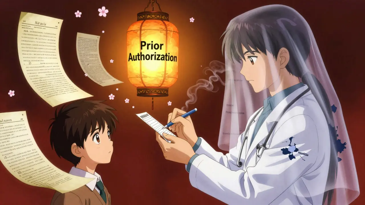 Doctor writing prescription under lantern with 'Prior Authorization,' floating legal scrolls and state maps dissolving into cherry blossoms.