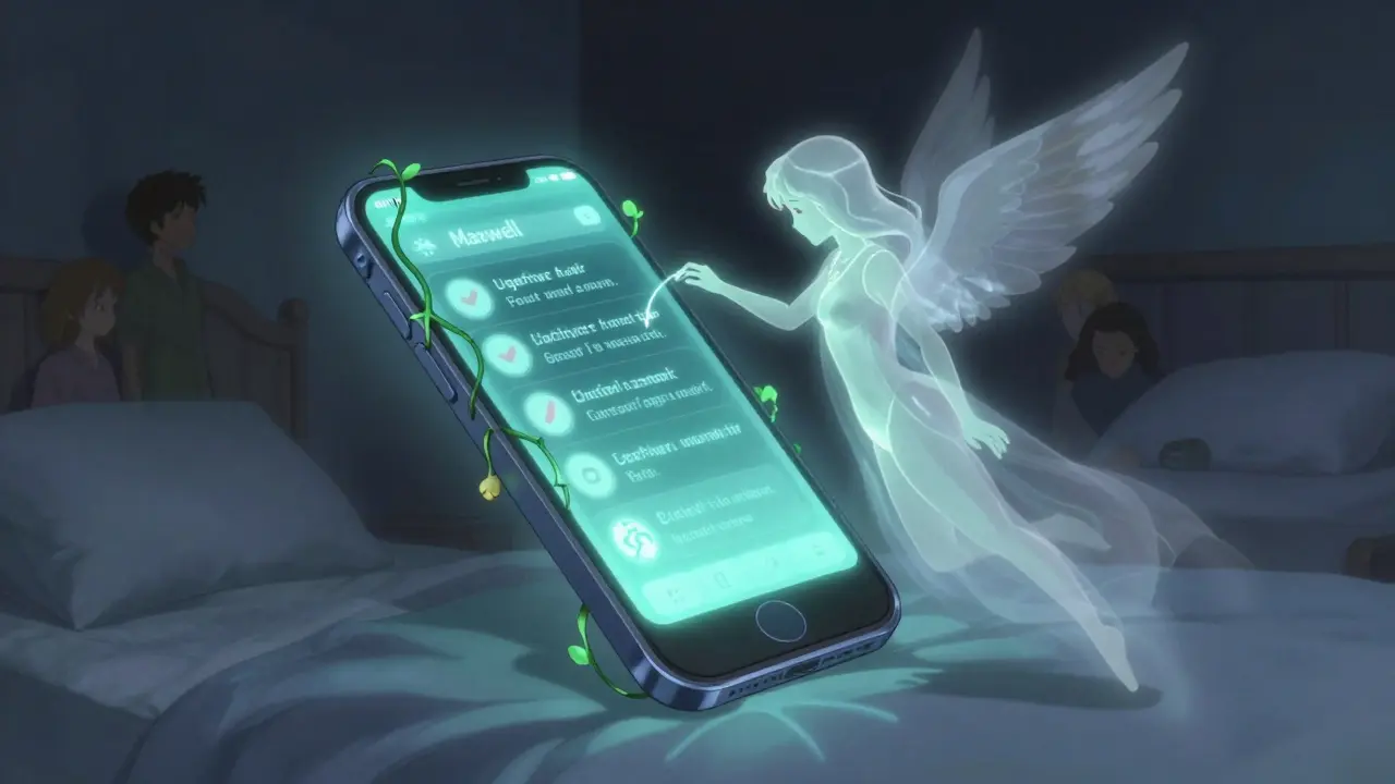 Floating smartphone with bioluminescent vines and an AI spirit whispering medication reminders.