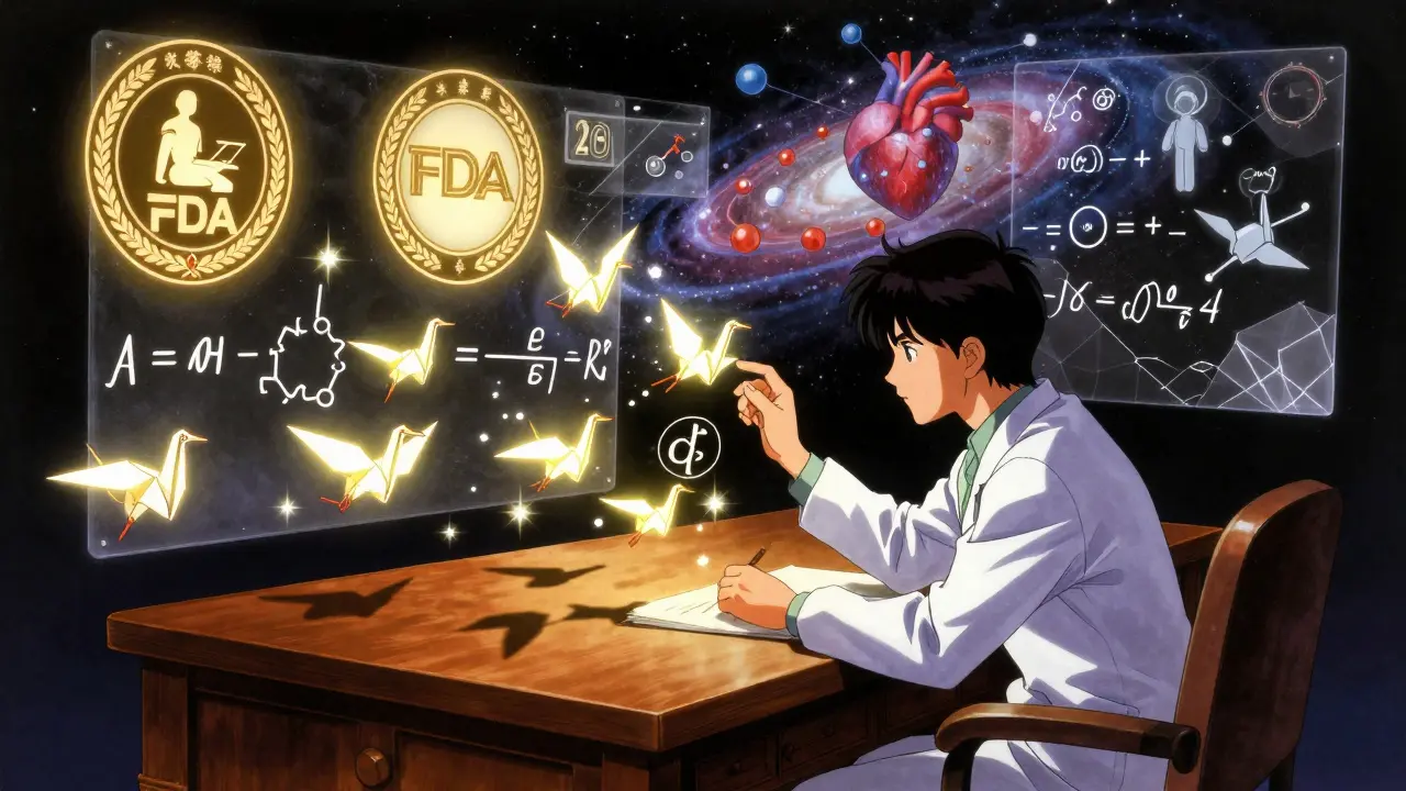 Pharmacometrician tracing glowing equations that form origami cranes, with patient holograms and regulatory seals in the background.
