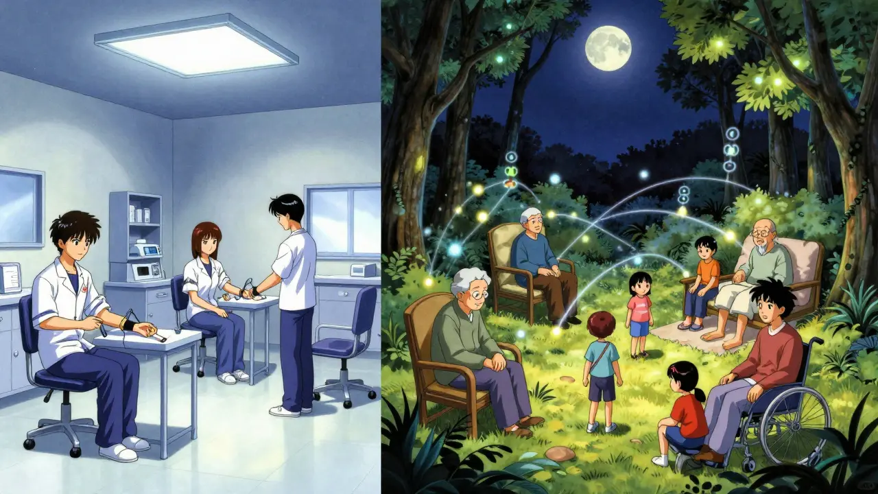 Split scene: sterile clinical blood draws vs. real patients connected by data curves in a natural, moonlit landscape.