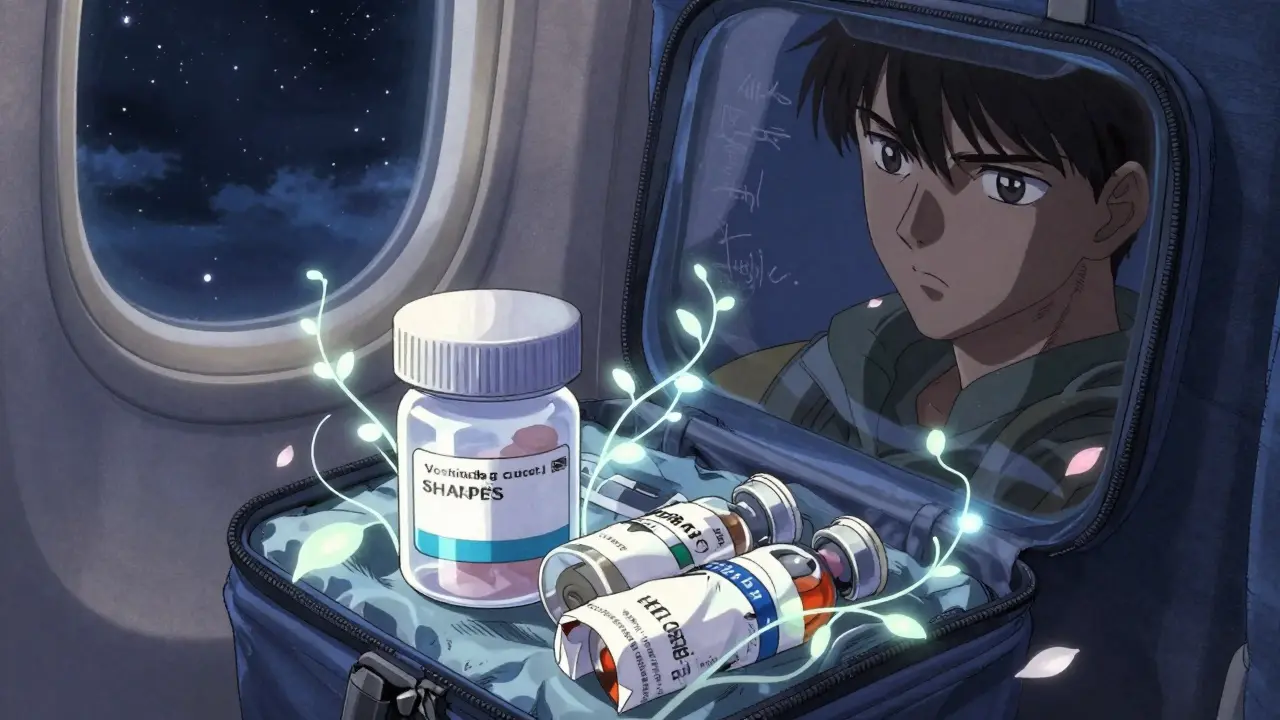 Travel-sized sharps container and cooling pouch with insulin vials on airplane seat under starry window.