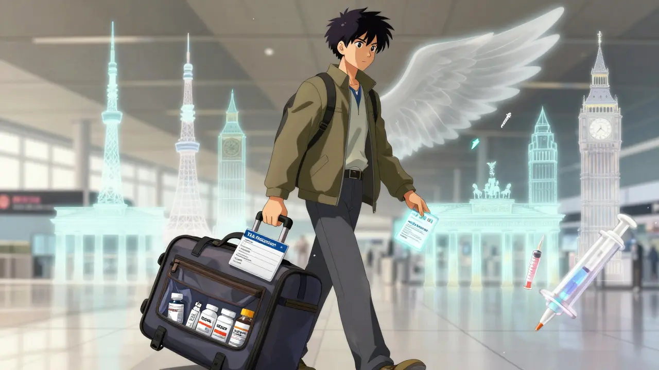 Traveler walking through international airport with medical items visible, glowing notification card in hand.