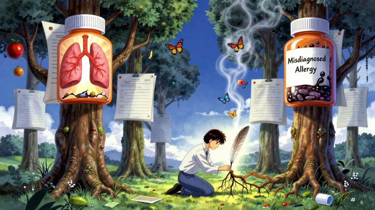 Trees growing from patient files, one fruit showing health, another danger, as someone rewrites the record.