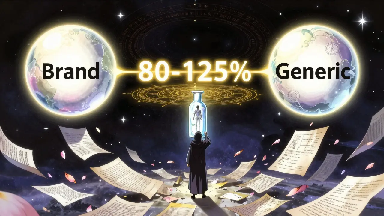 Two glowing orbs balanced on a golden threshold, symbolizing bioequivalence between brand and generic drugs.