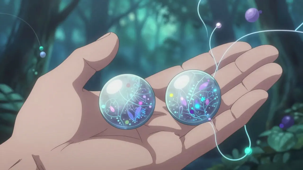 Two pills side by side, branded and generic, with glowing active ingredients and spectral fillers twisting like vines around the generic.