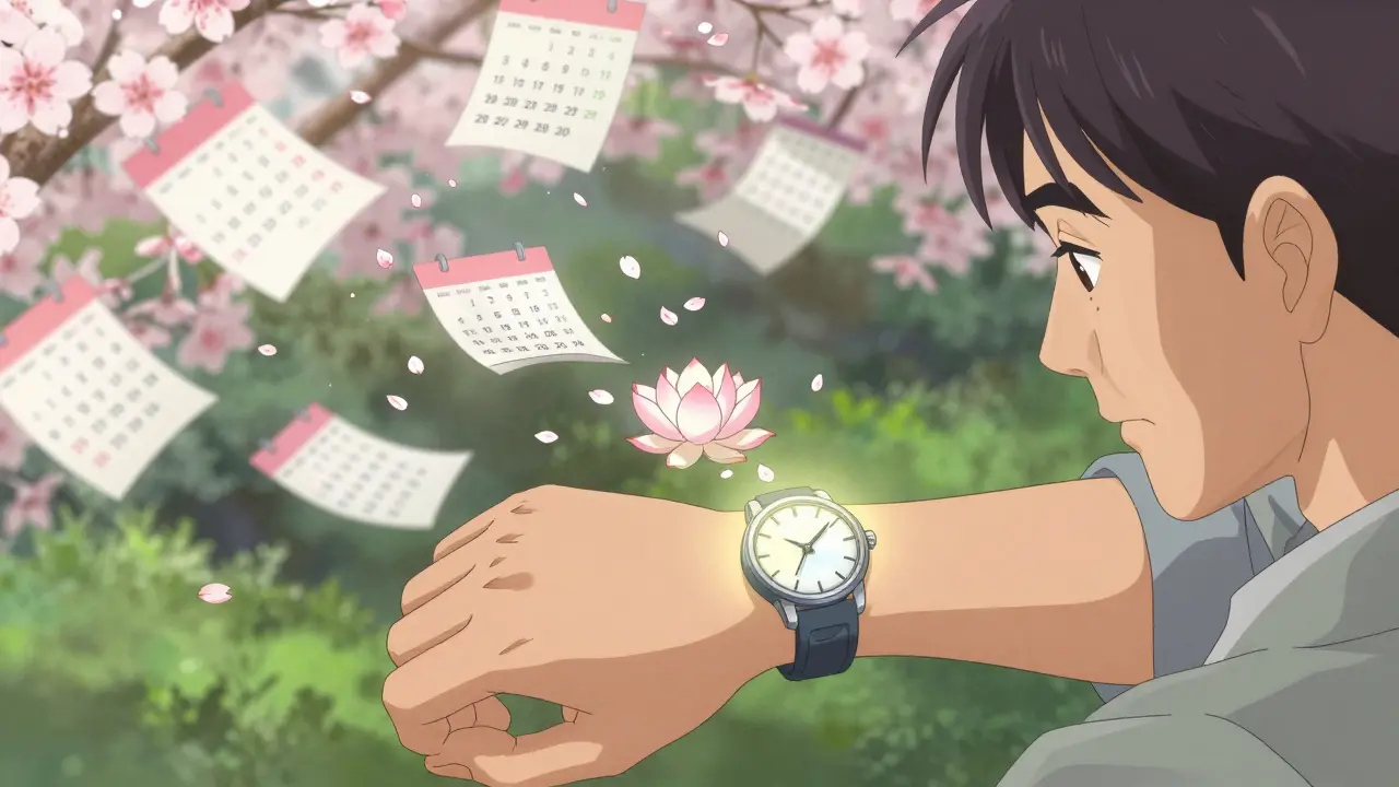 Wristwatch pulses into a lotus flower revealing pills, with calendar pages turning into cherry blossoms.