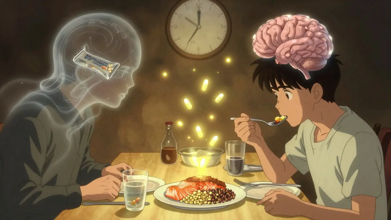 A dinner meal of salmon and quinoa glows as drug molecules rise toward the brain, symbolizing timed protein intake.