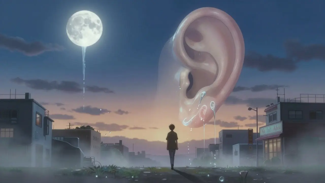 A figure walking through a misty city as water droplets form ear shapes, with a giant ear floating in the sky.