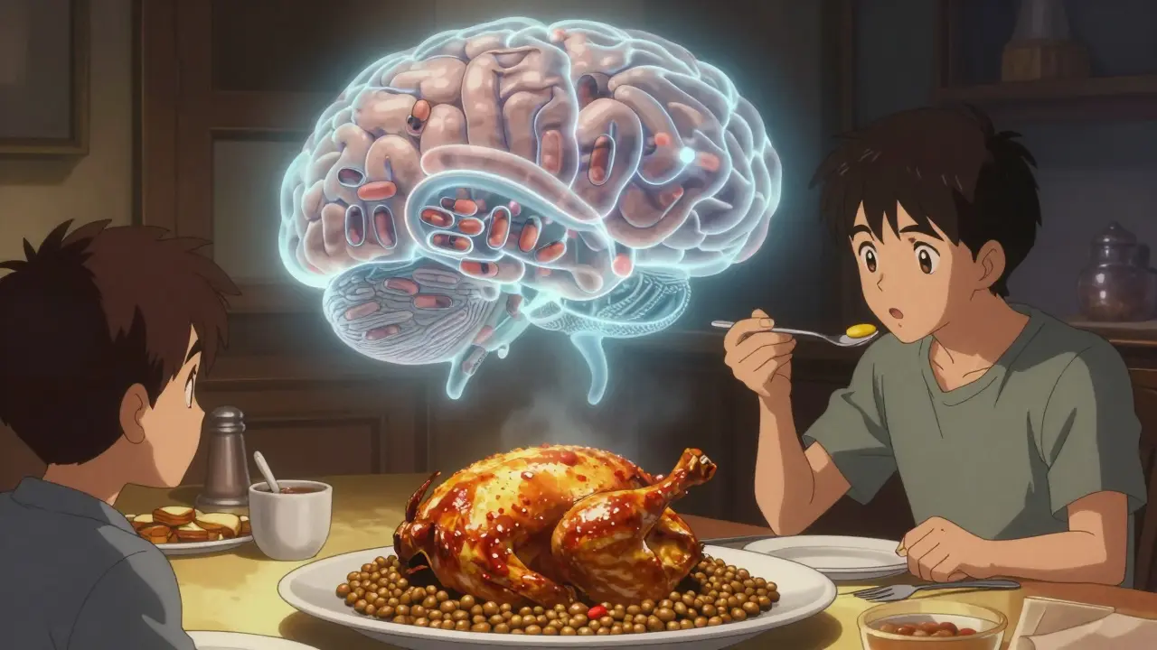 A glowing brain with one clear pathway for levodopa as a dinner of meat and legumes is eaten below, symbolizing evening protein timing.