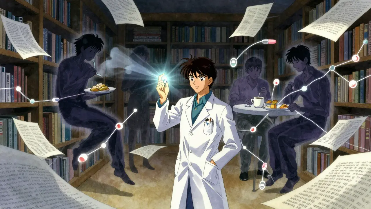 A neurologist stands amid floating medical texts and patient silhouettes, connected by glowing pathways of drug and amino acid flow.