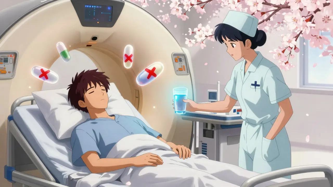 A patient surrounded by floating forbidden medications, receiving a glowing glass of water from a serene figure.