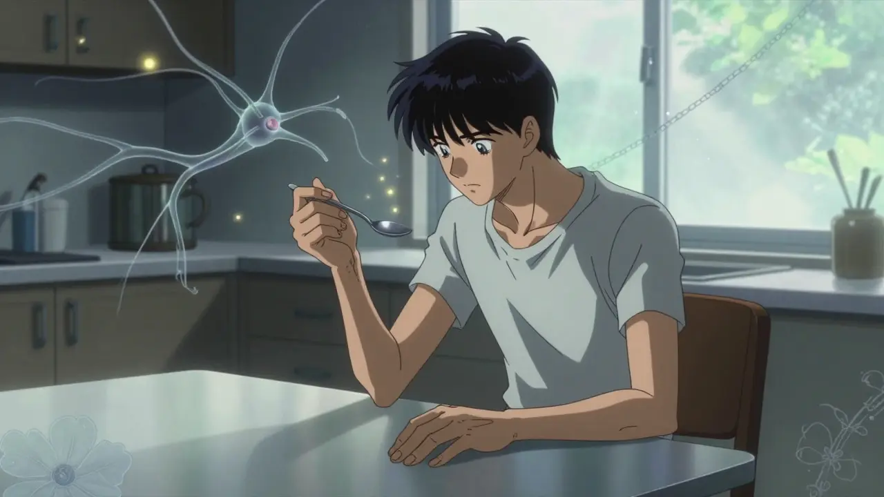 A person struggling with stiffness and tremor, surrounded by fading neural motifs.