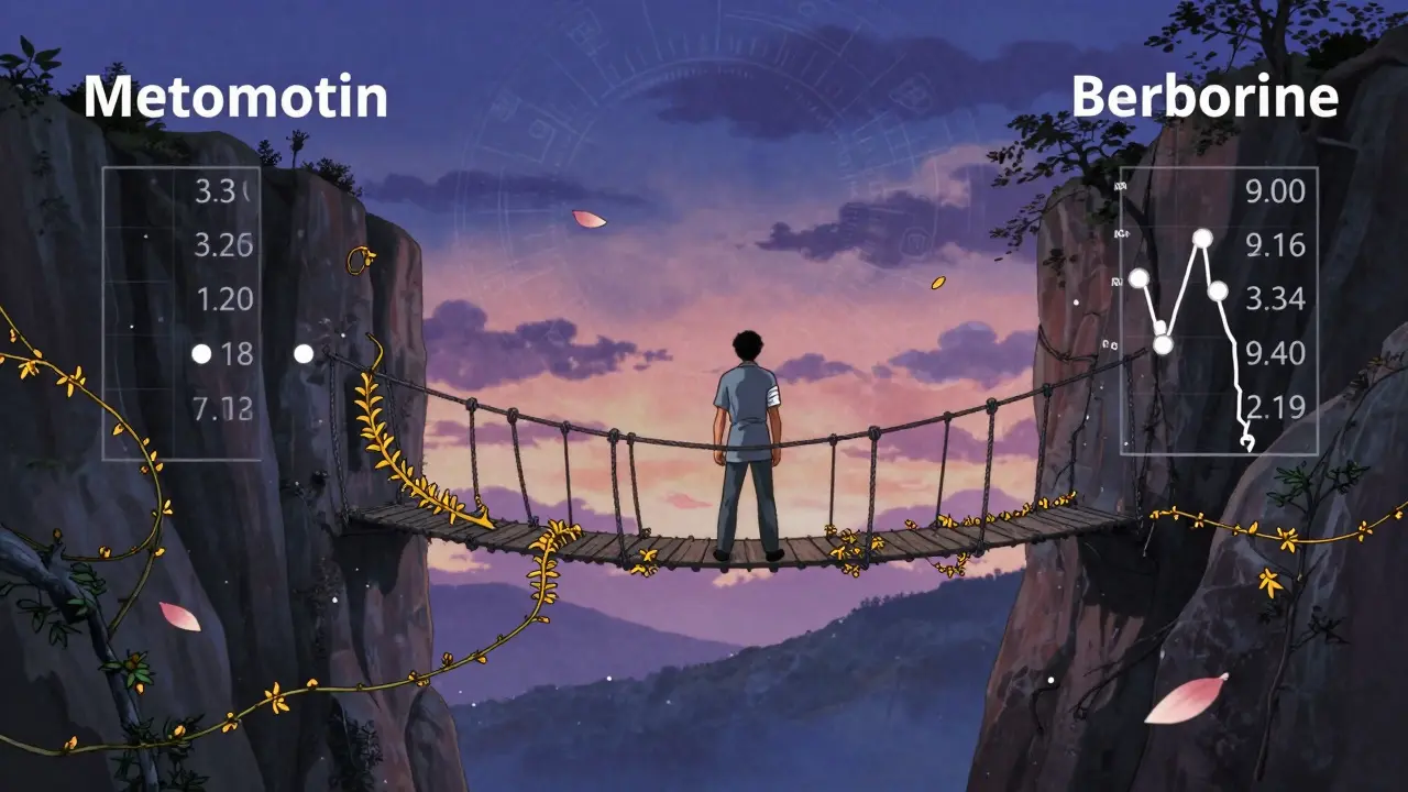 A person walks a fragile bridge between two blood sugar outcomes, threatened by golden vines.