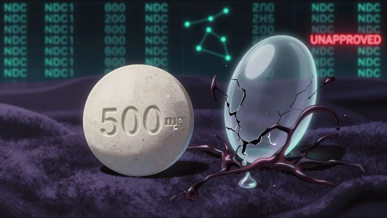 A real metformin tablet beside a crumbling fake, with toxic tendrils leaking, as NDC codes glow like stars in the background.