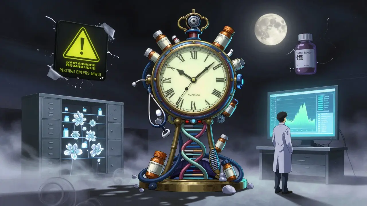 A symbolic clock of medical instruments ticking with patient testimonies, under moonlight, in Yoshitaka Amano's signature style.