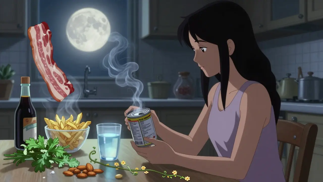 A woman reading a food label at night, surrounded by dissolving processed foods and fresh healthy items.