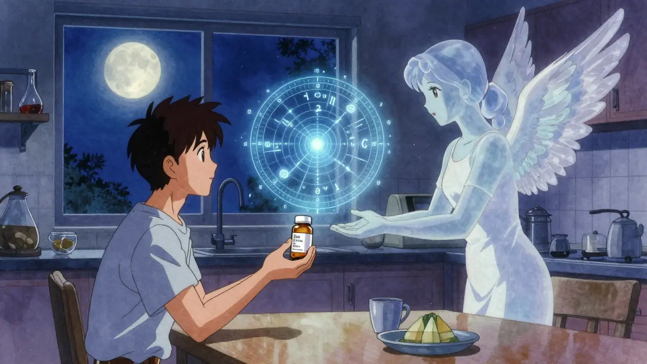 An adult reviews a pill bottle as a glowing medical chart and ethereal counselor guide them — showing when to call Poison Control.