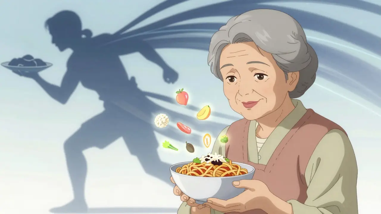 An elderly woman eating low-protein pasta surrounded by floating fruits and grains, representing regained mobility through dietary change.