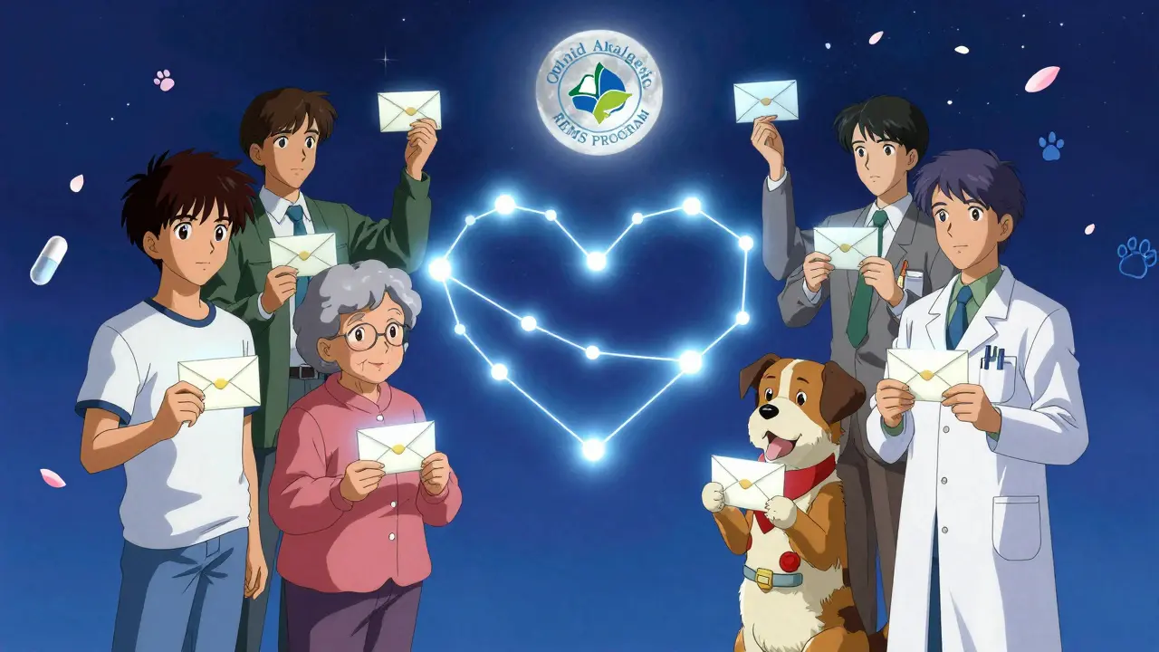 Diverse people standing in a circle, holding sealed envelopes that form a heart-shaped constellation.