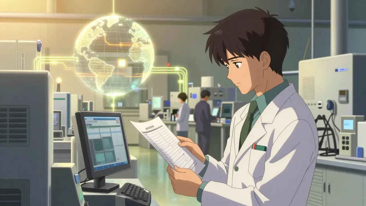 FDA inspector reviewing quality data with global supply chain connections