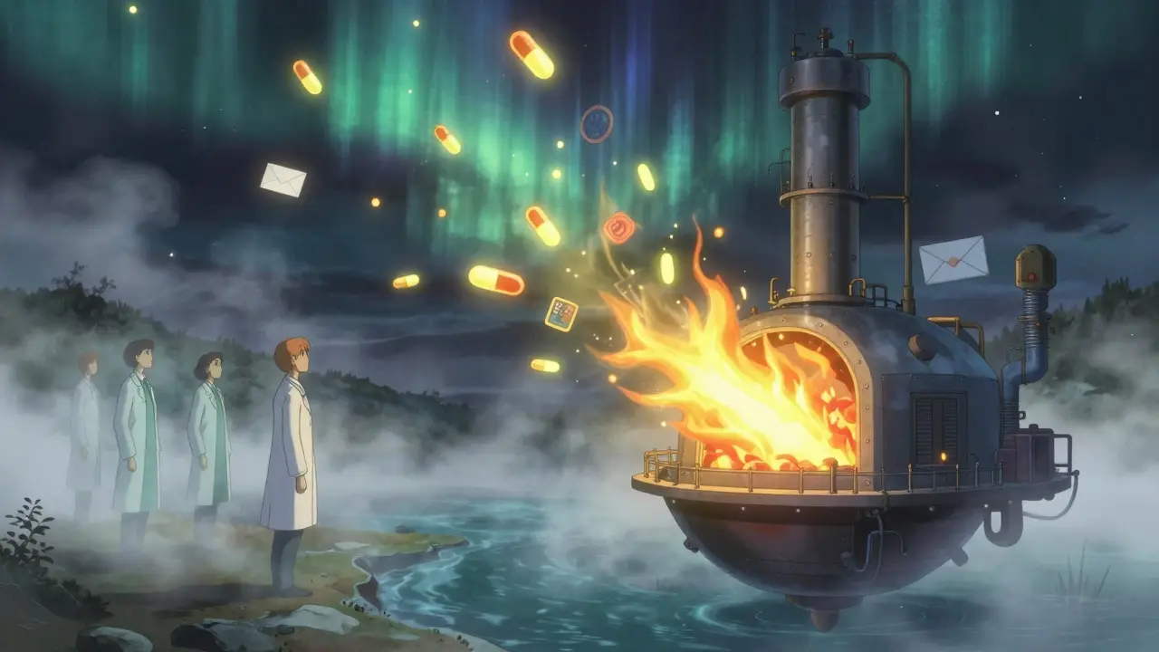 Glowing medications being consumed by golden flame in an ethereal incineration facility.