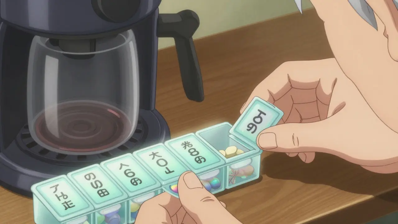 Senior filling weekly pill organizer next to coffee maker with glowing compartments.