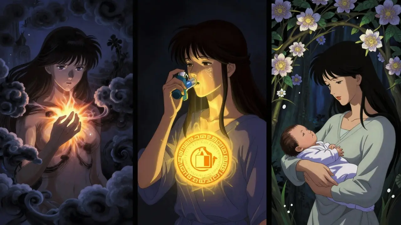 Three women in a mythic triptych: one in distress, one using her inhaler with golden light, one holding her newborn among blooming symbols of control.