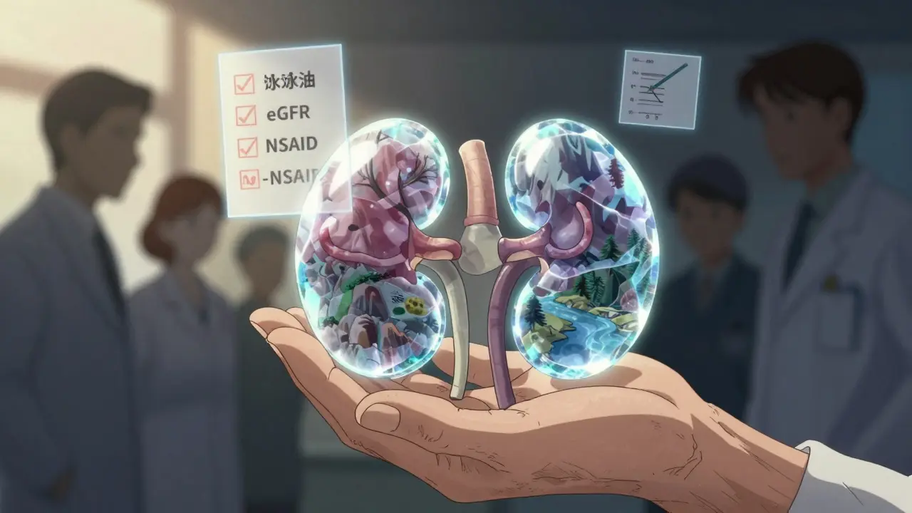 Two hands cradling a crystalline kidney reflecting a landscape, with sacred medical rules glowing in the air.