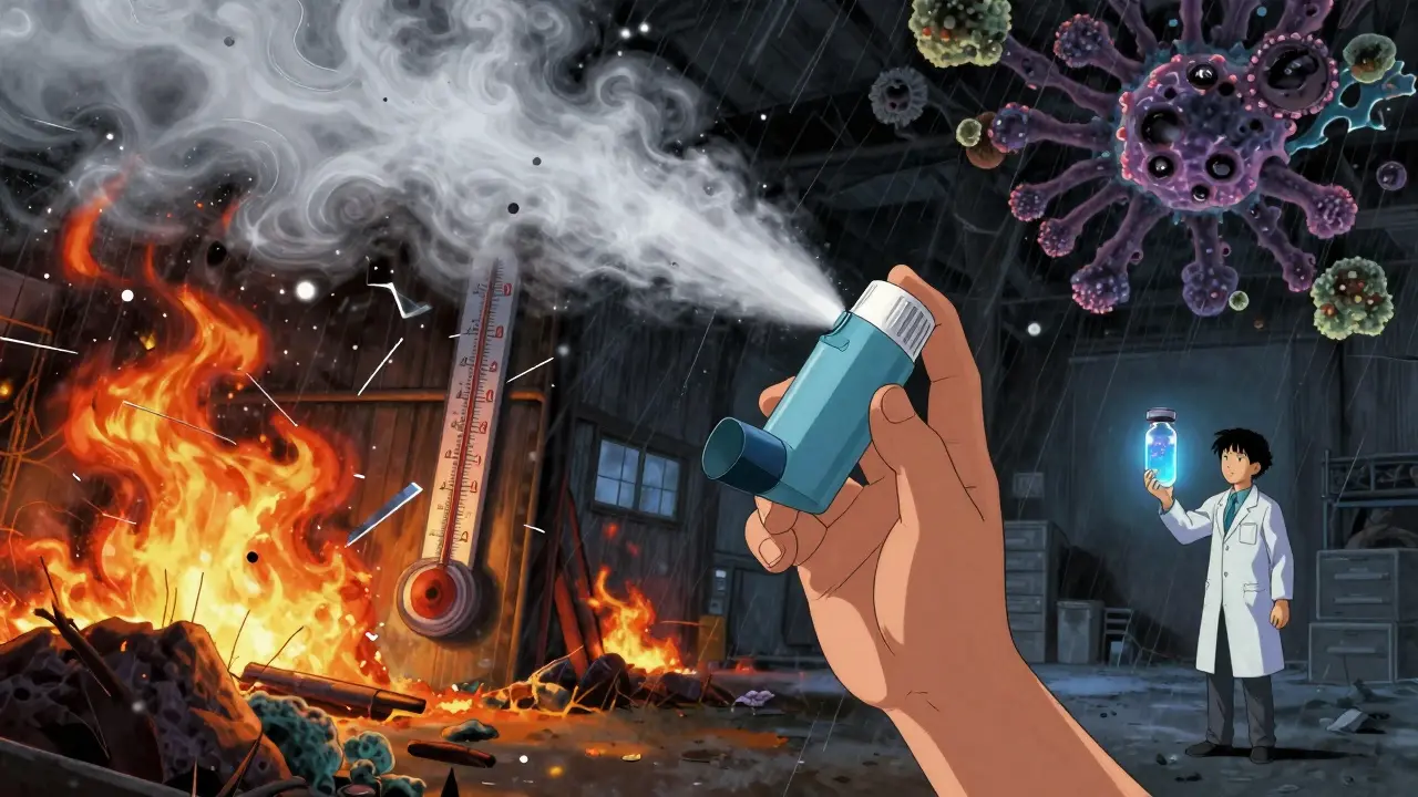 A child reaching for an inhaler as heat distorts its mist, while microbial growth blooms like dark flowers in the background.