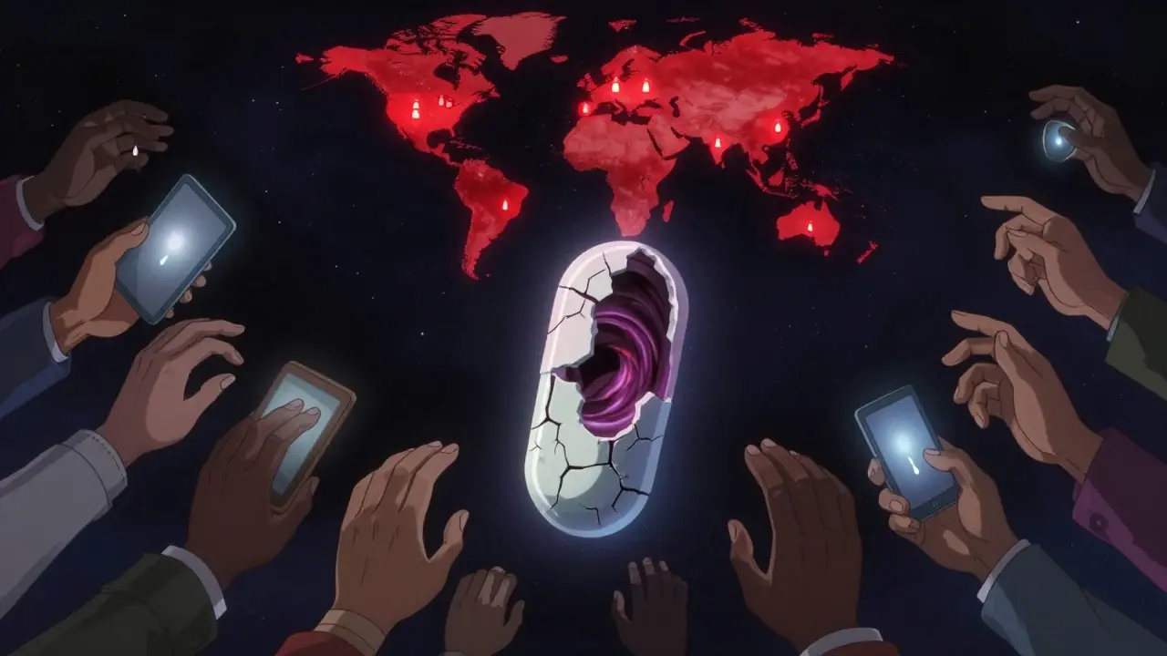 A cracked pill reveals darkness as diverse hands reach toward it, surrounded by a starlit map of counterfeit drug hotspots.