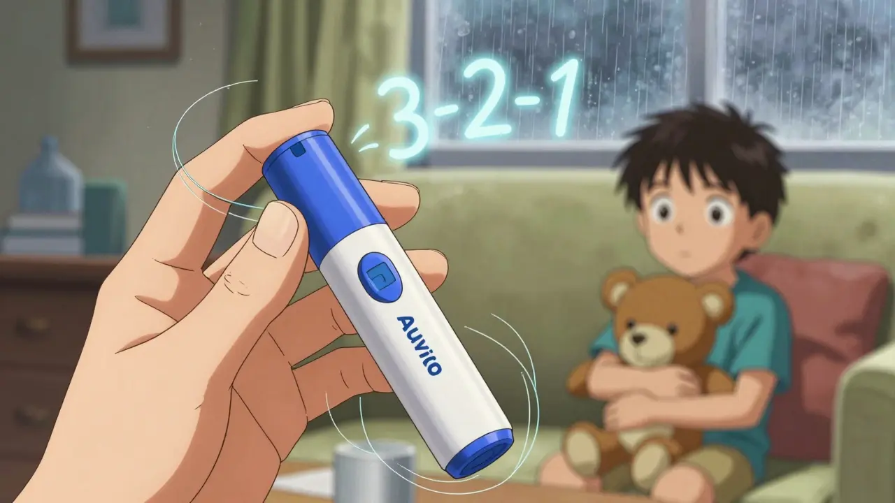 A hand removes the safety cap from an Auvi-Q auto-injector with glowing countdown numbers floating nearby.