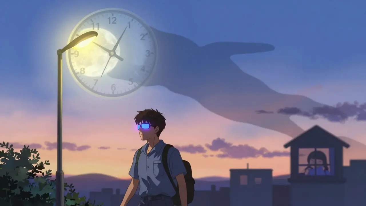 A shift worker commuting at sunrise, wearing blue-light glasses, with a floating circadian clock above them.