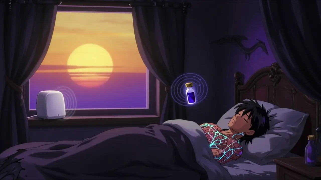 A sleep sanctuary with blackout curtains, glowing melatonin, and a surreal sunrise outside the window.