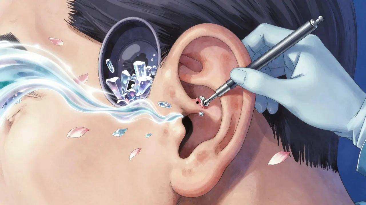 A surgeon inserts a tiny piston into the stapes during stapedotomy, with sound waves as floating petals.