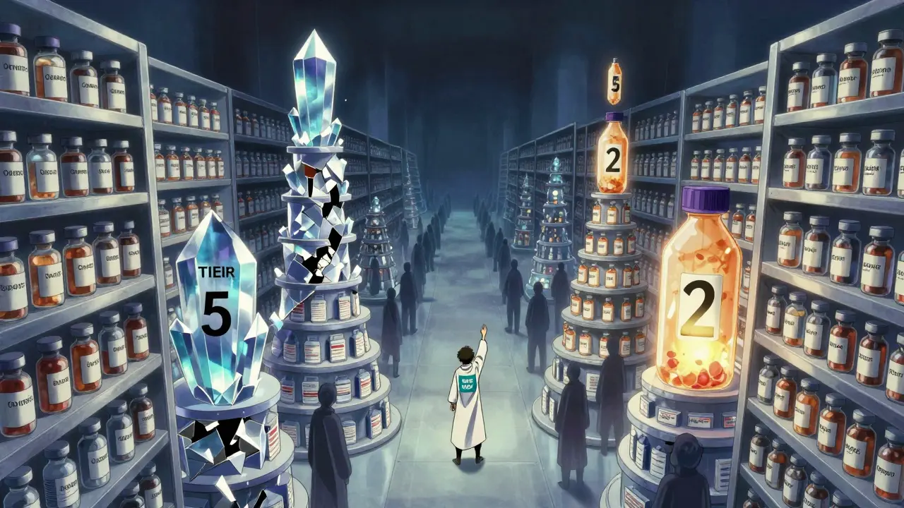 A surreal pharmacy landscape with drug tiers as crystal towers, one glowing low-cost and another crumbling, with a figure reaching upward.