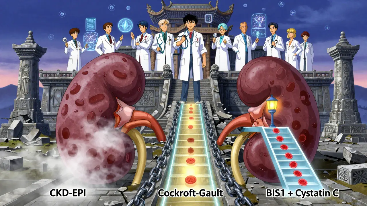 Ancient kidney temple with three pathways showing different calculation methods for seniors.