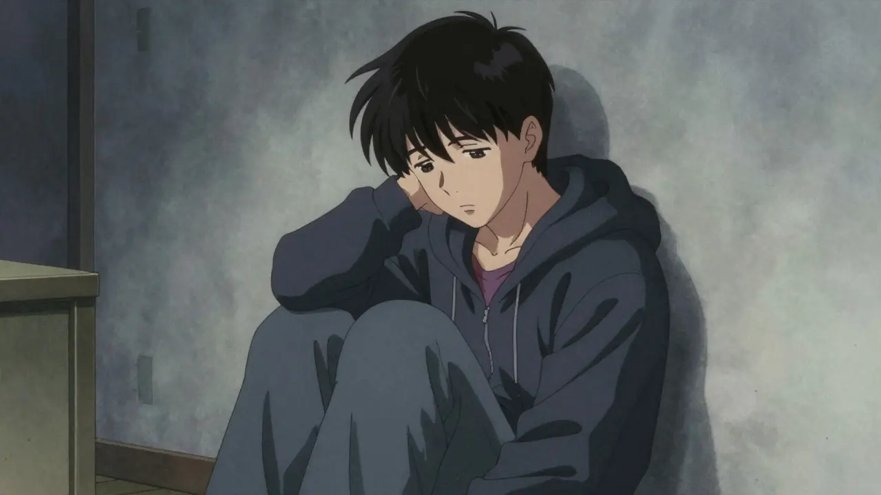 Anime character slumped in exhaustion, shadows representing fatigue in Yoshitaka Amano style.