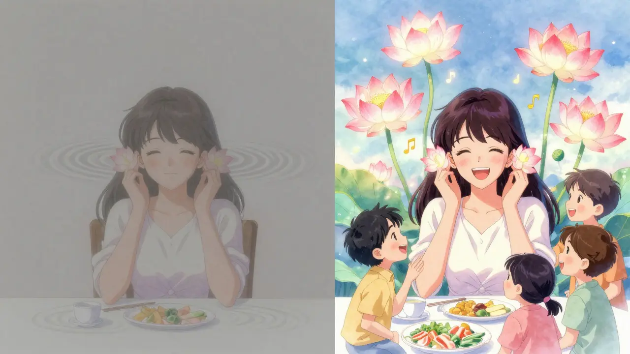 Before and after: one side shows muted sound, the other vibrant lotus flowers rising from the ear.