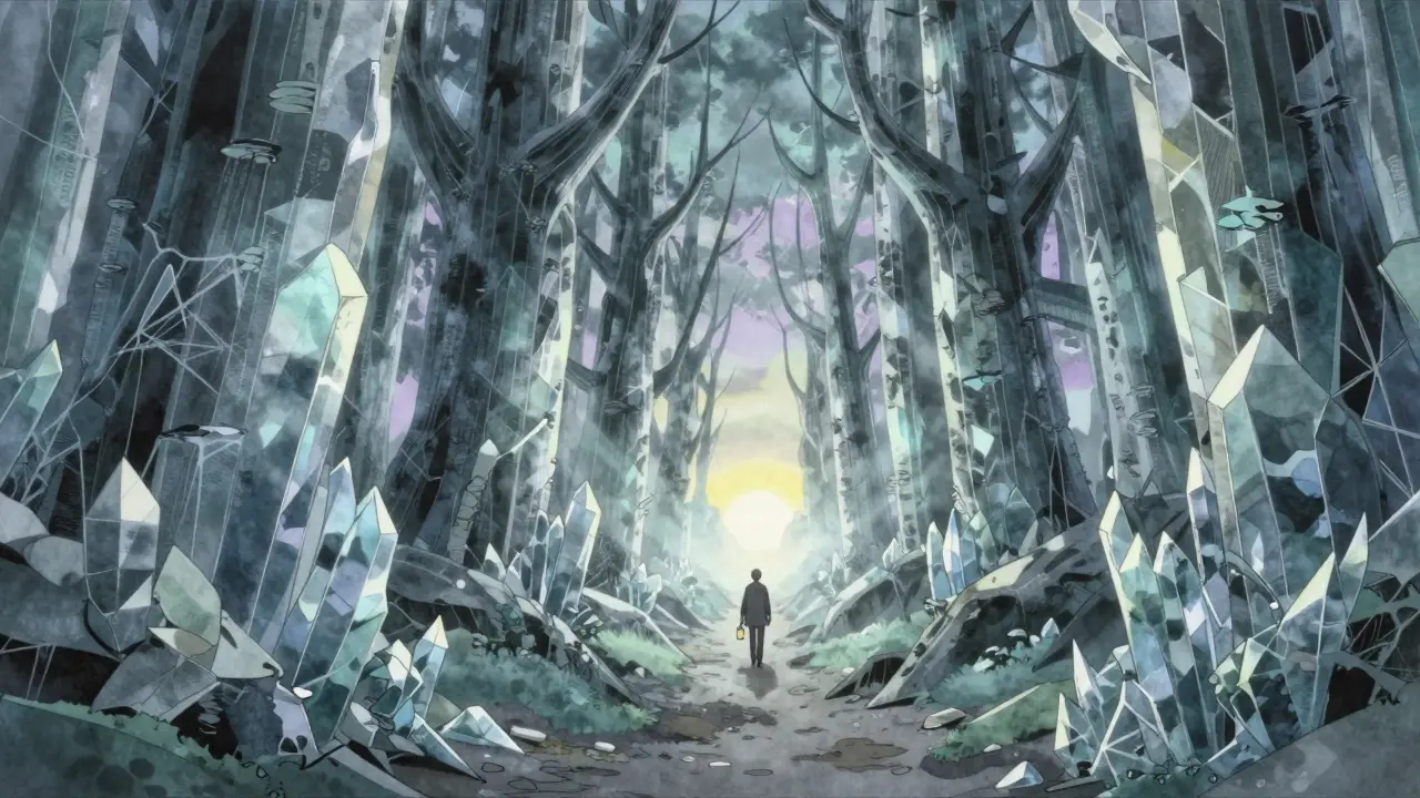 Dense crystalline thicket with a narrow path leading toward a bright horizon