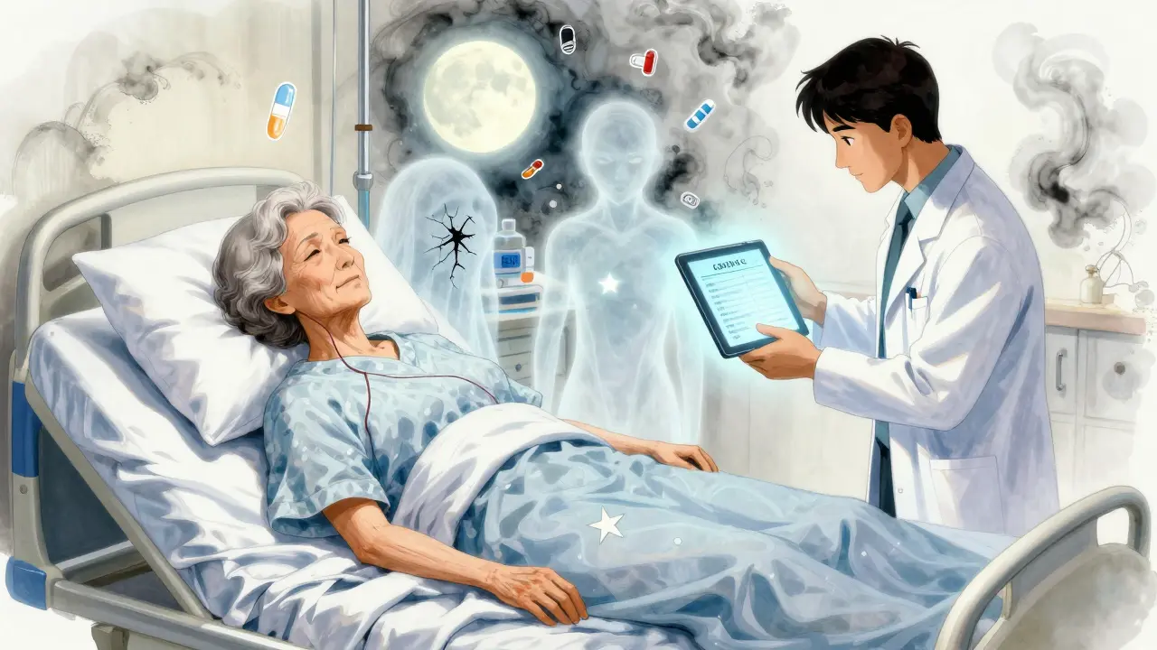 Frail elderly woman with ghostly kidney function symbols, cystatin C revealing true health.