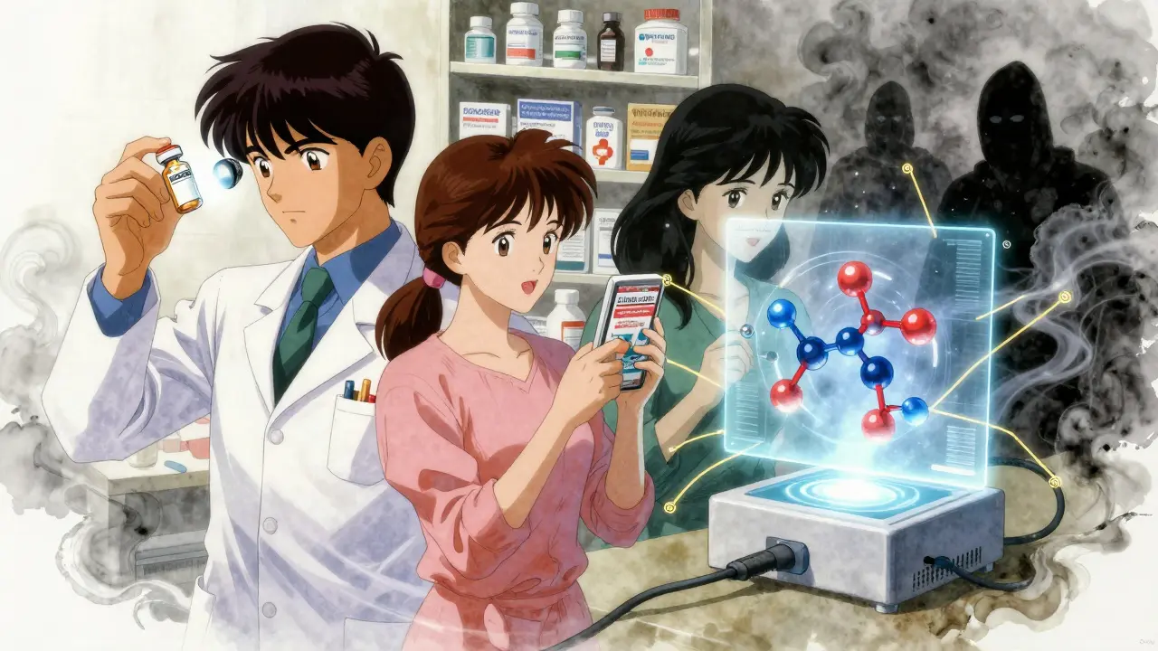 Global pharmacists connect through glowing verification threads, with counterfeit ads and scanners merging in a dreamlike scene.