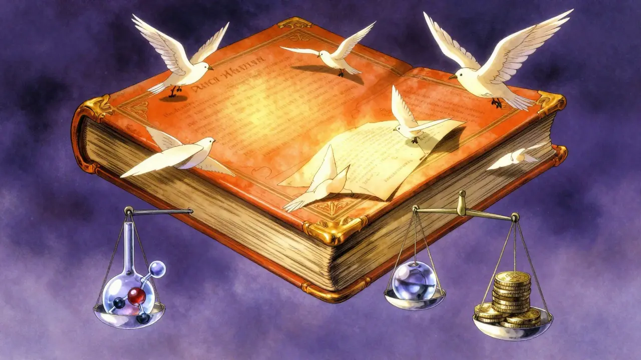 Glowing book surrounded by flowing parchment documents and scales of justice