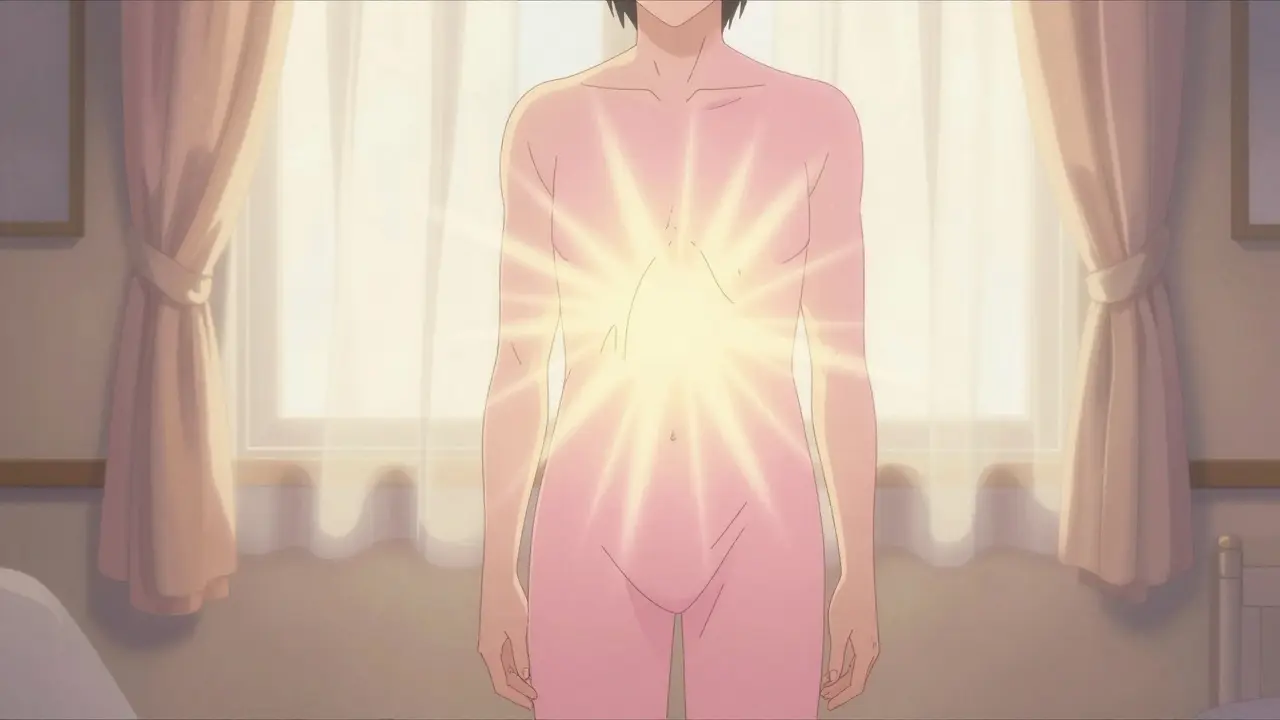 Healing figure surrounded by soft golden light, symbolizing recovery and protection in watercolor art.