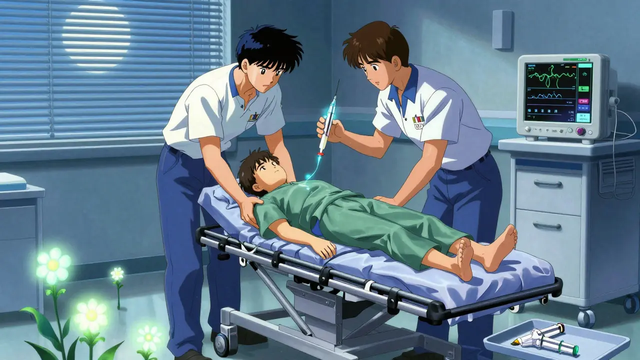 Paramedics care for a patient in an ER after epinephrine injection, with glowing flowers symbolizing recovery.